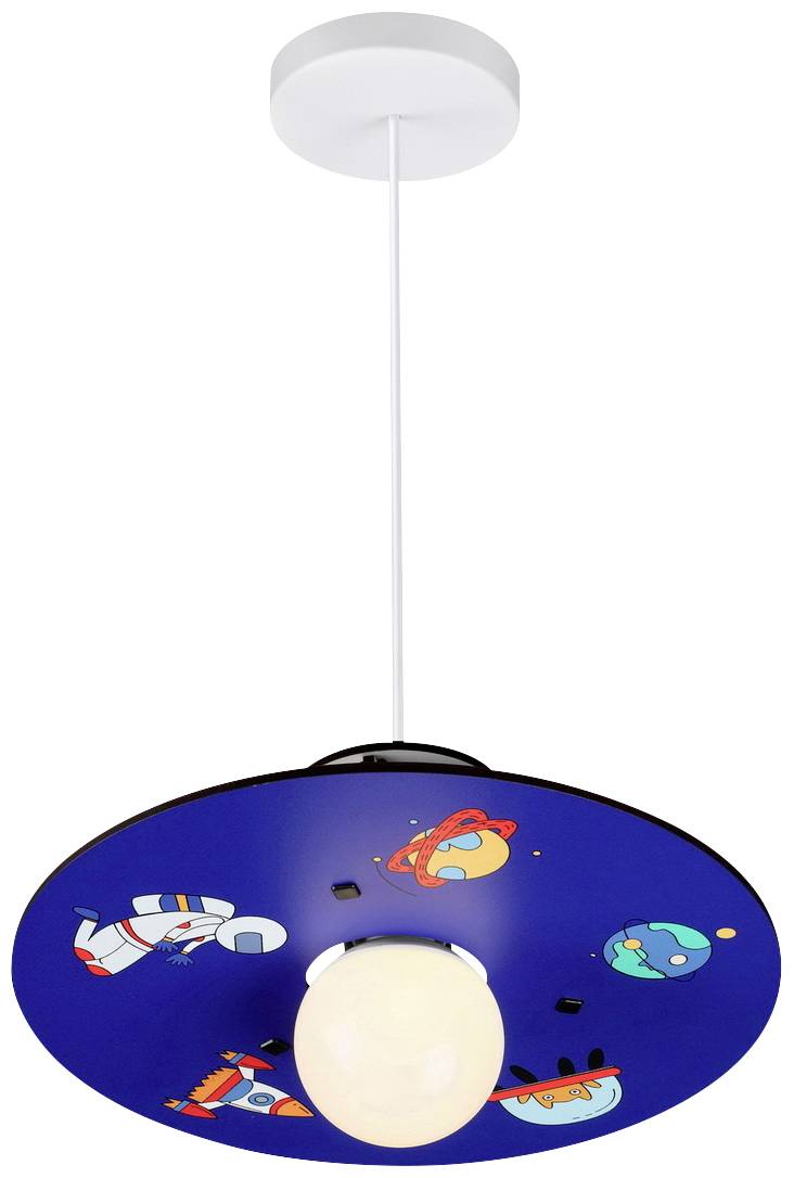 Eine hängende Deckenleuchte mit blauem Lampenschirm, verziert mit Weltraum-Grafiken wie Astronauten und Planeten.