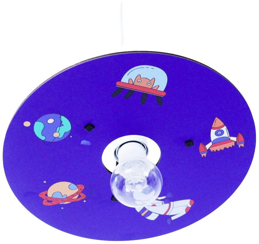 Deckenleuchte mit bunten Weltraum-Motiven wie Raketen, einem Planeten und einem Alien auf blauem Hintergrund.