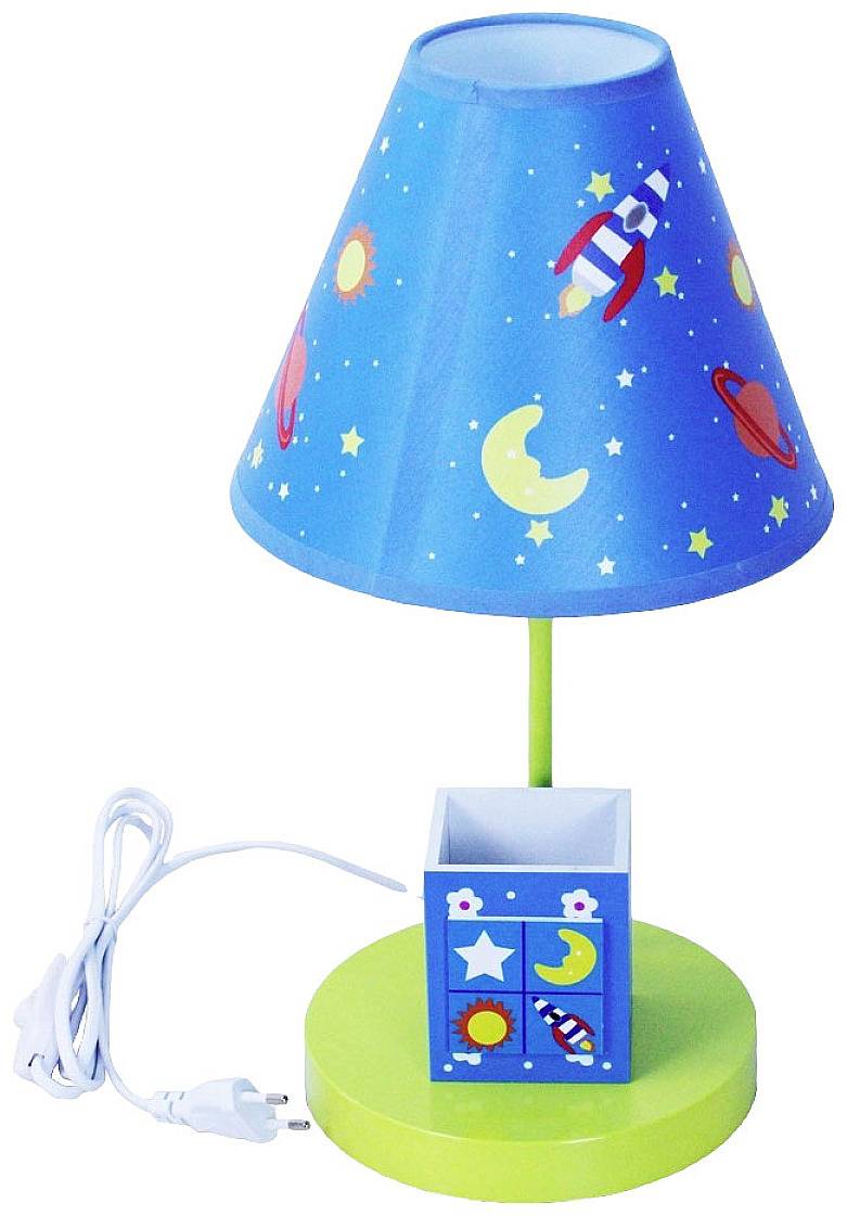 Eine bunte Tischlampe mit blauem Schirm, verziert mit Raketen, Monden und Sternen. Sie hat einen grünen Sockel und weißen Kabel.