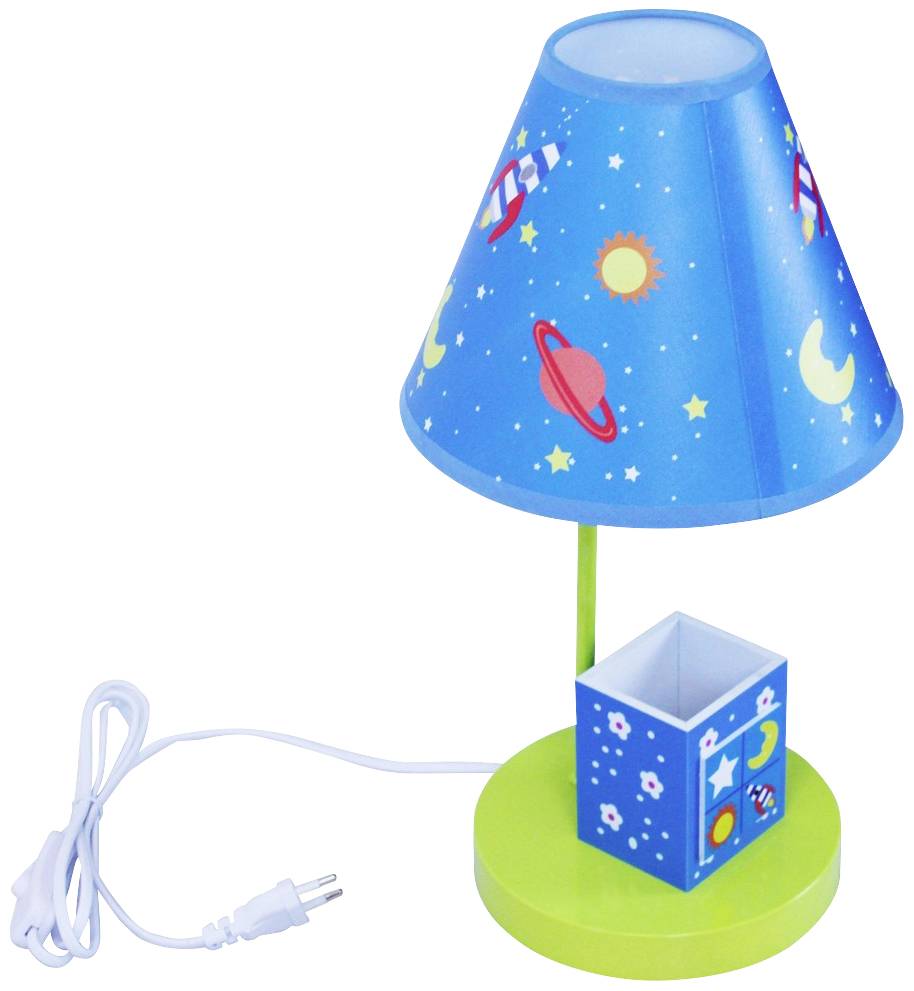 Blaue Tischlampe mit Weltraummotiven wie Raketen und Planeten. Gelb-grüner Sockel mit passendem Stiftehalter.
