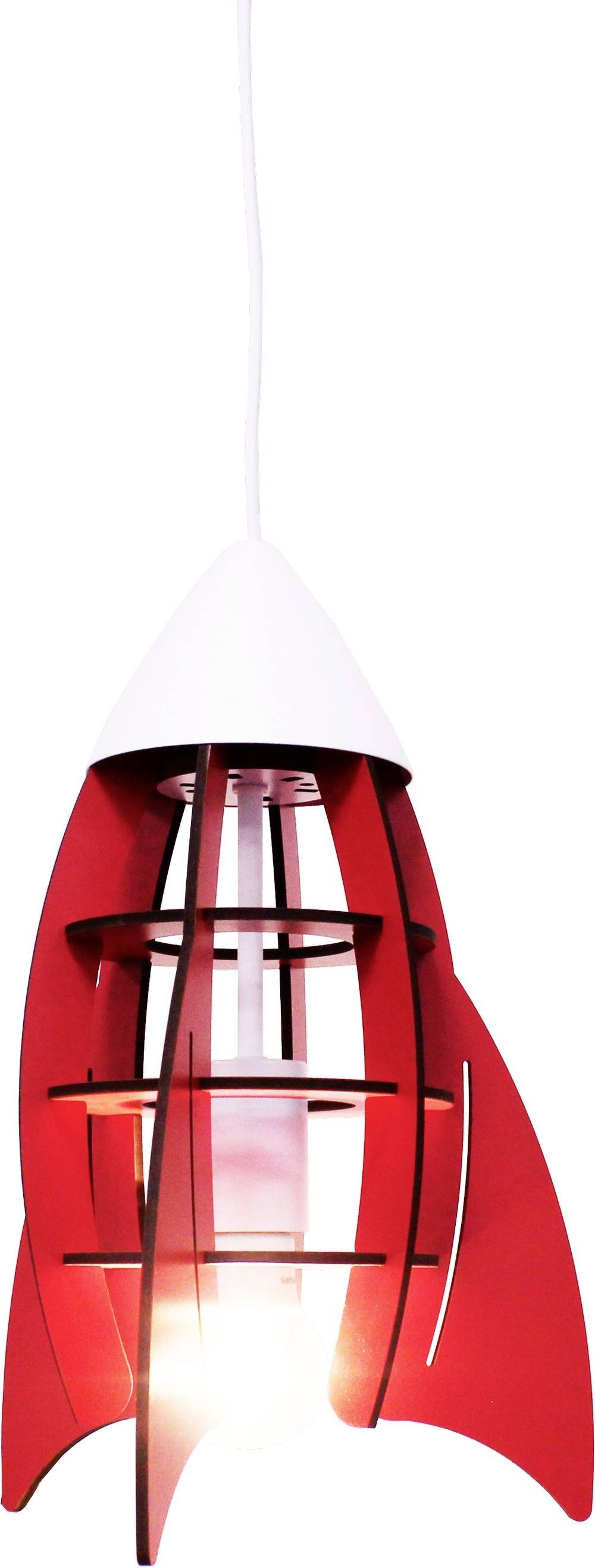 Eine rote Pendelleuchte in Form einer Rakete, mit weißen Details und einem stilisierten Design, hängt an einem weißen Kabel.