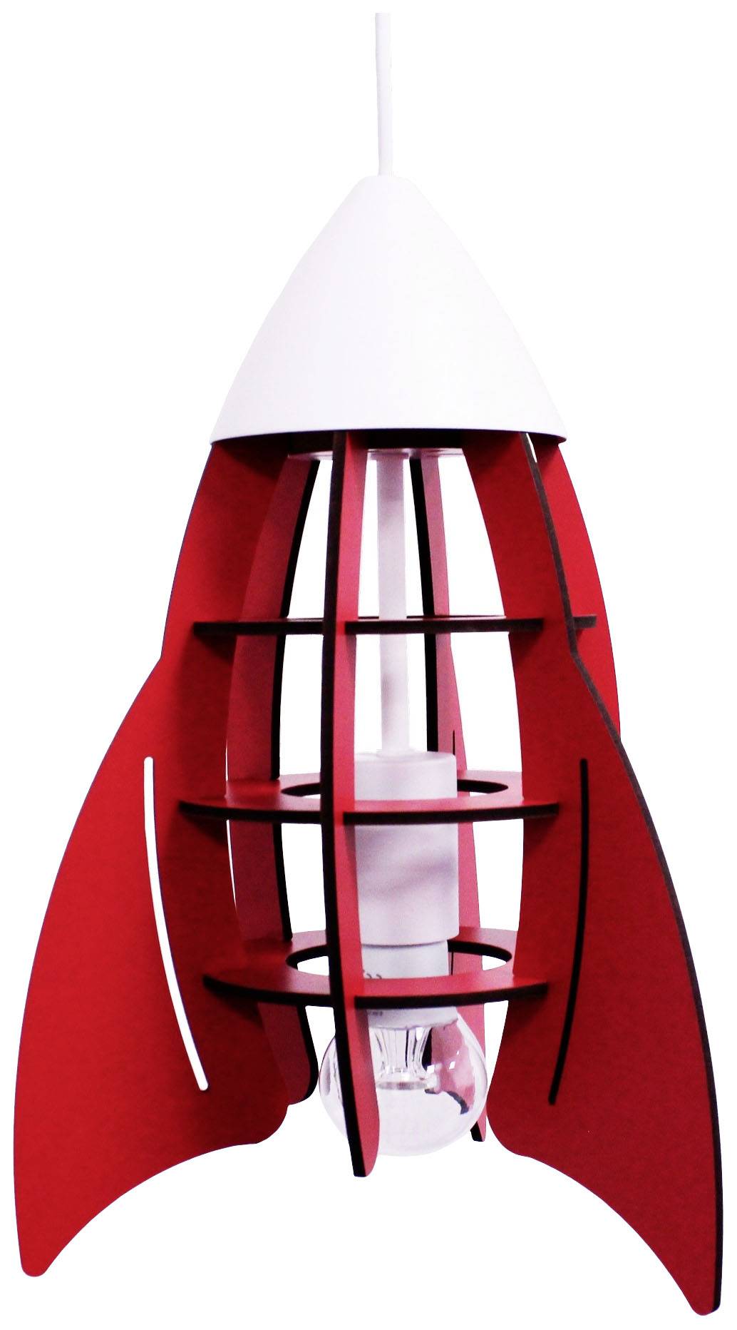 Rote und weiße Raketenförmige Lampe mit offenem Design, hängend von der Decke, mit sichtbarer Glühbirne in der Mitte.