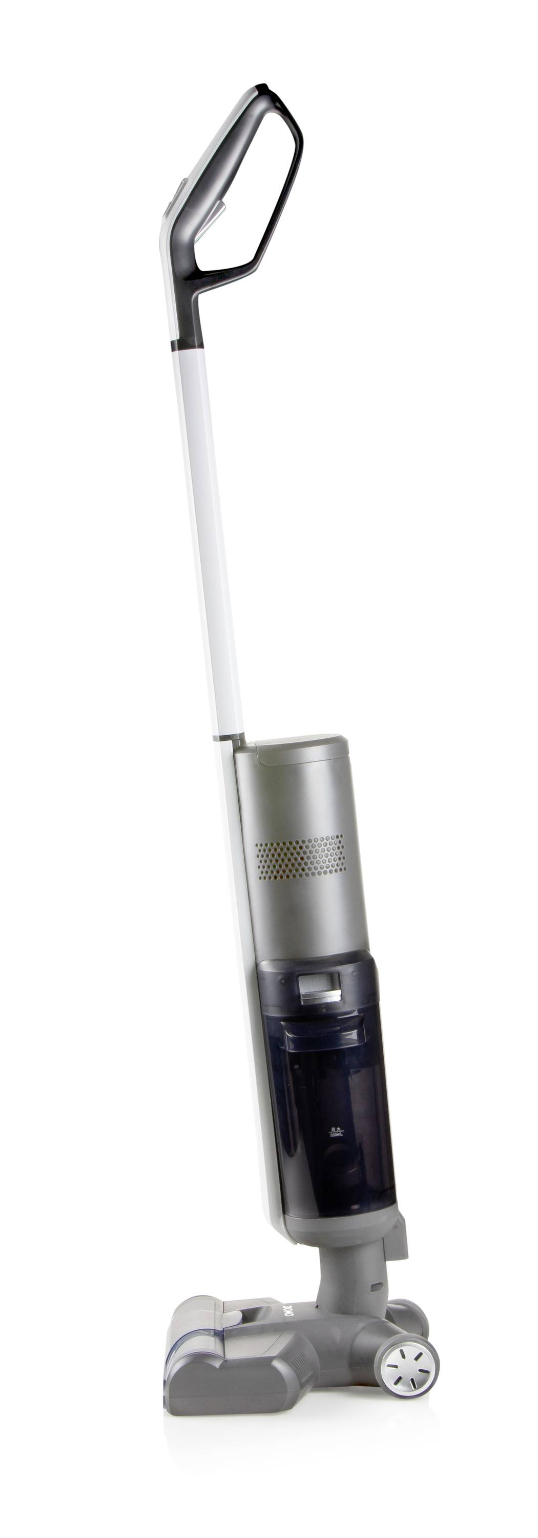 Kabelloser, grauer Staubsauger in seitlicher Ansicht, zeigt modernes, schlankes Design mit ergonomischem Griff.