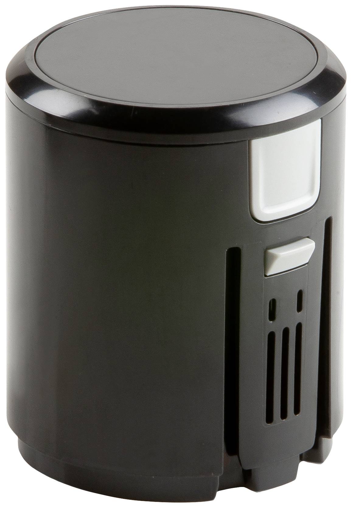 Schwarzer zylindrischer Behälter mit Lüftungsschlitzen und Klappe, vermutlich ein Müllbehälter oder Abfalleimer.