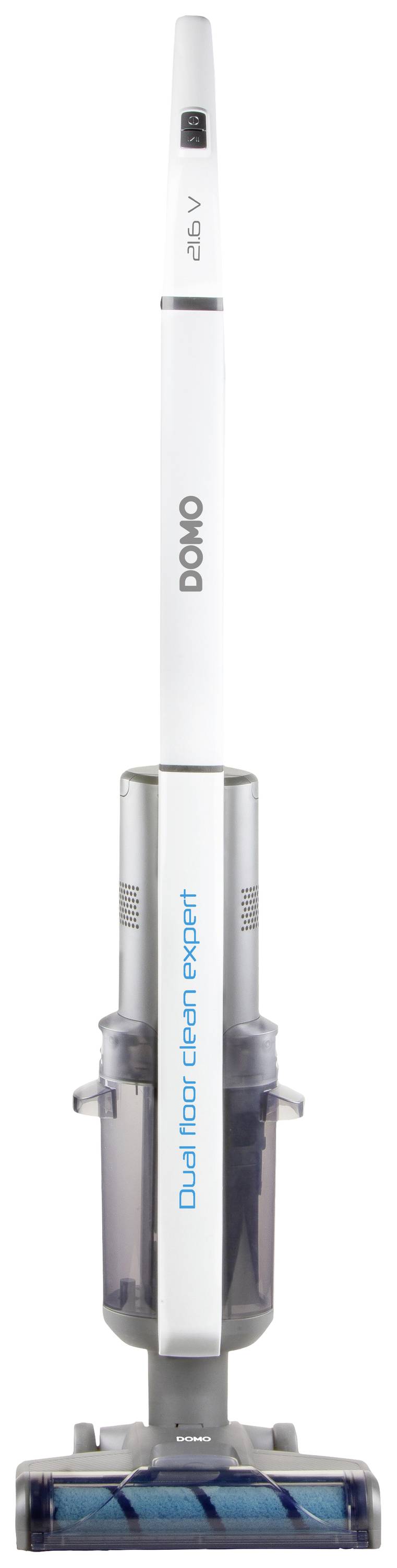 'Dual Funktionalität Reinigungsgerät' von Domo in Weiß mit blauem Schriftzug. Enthält Staubsauger- und Wischfunktion.
