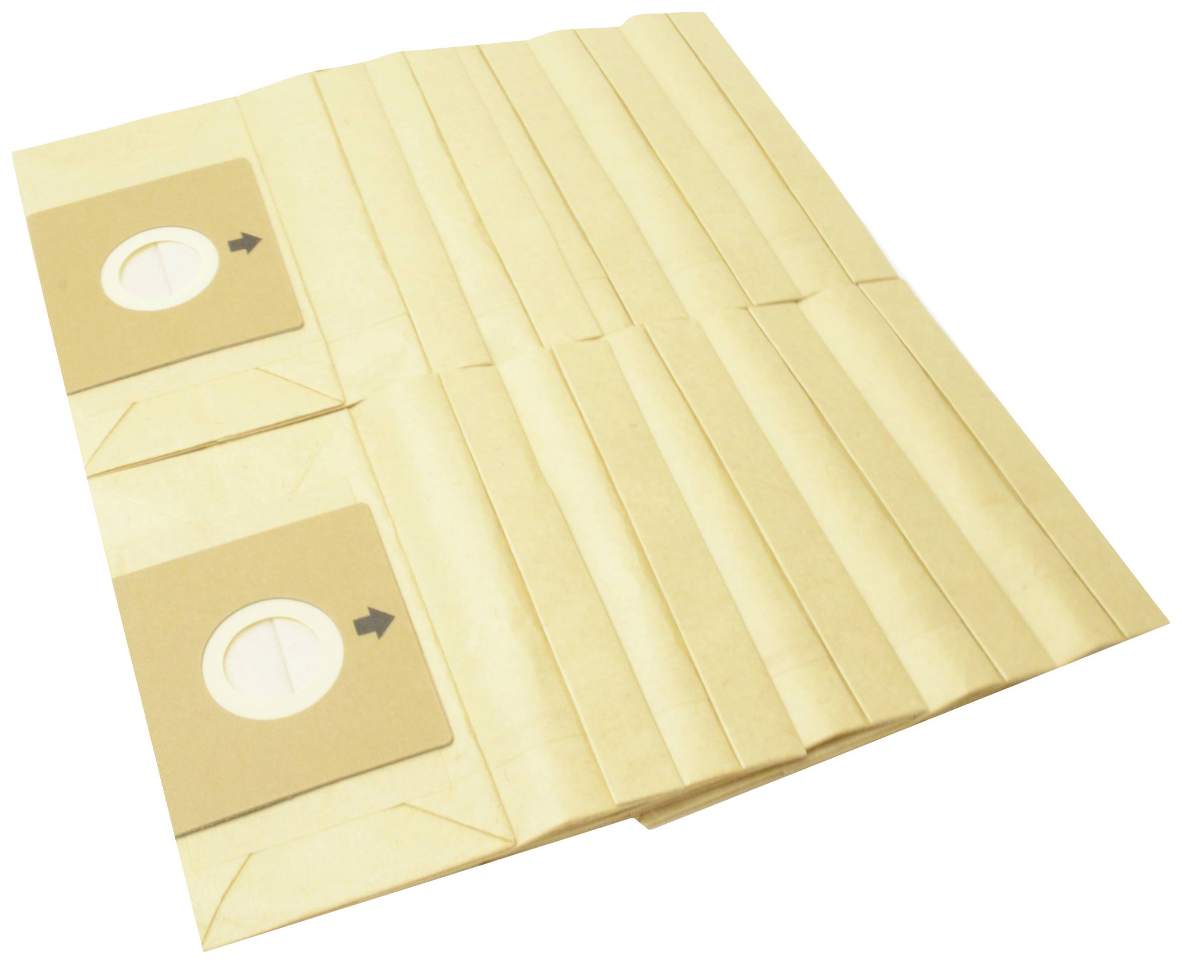 Staubsaugerbeutel aus Papier, in zwei Reihen angeordnet, mit runden Öffnungen und Pfeilen, die die Richtung des Einbaus zeigen.