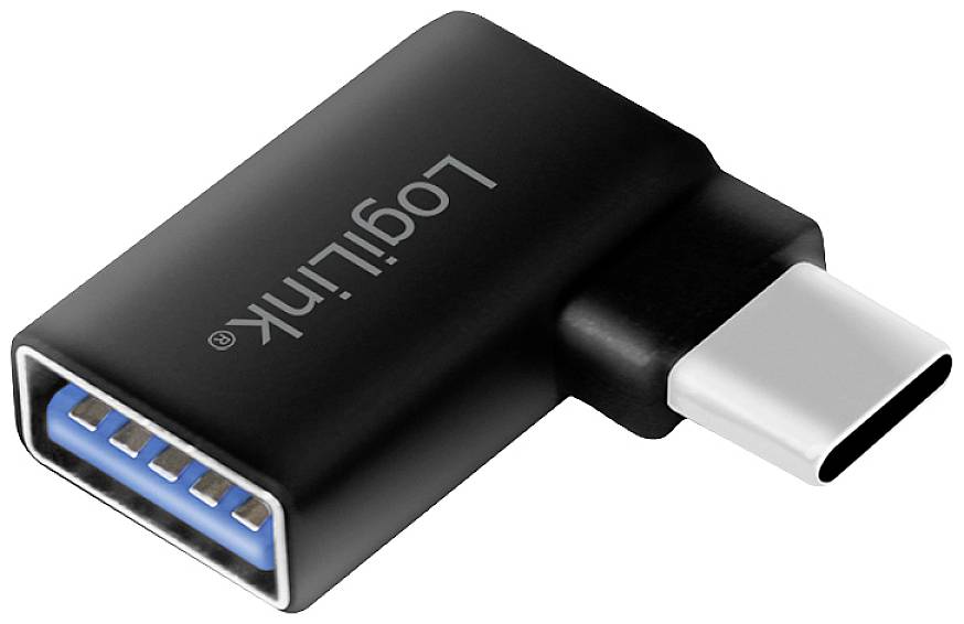 Schwarzer USB-C-zu-USB-A-Adapter mit blauer Innenverkleidung und Aufschrift 'LogiLink', zeigt die Konvertierung von Steckertypen.