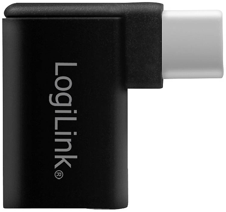 Schwarzer USB-C-Adapter von LogiLink, rechteckig geformt mit abgewinkeltem Anschluss.