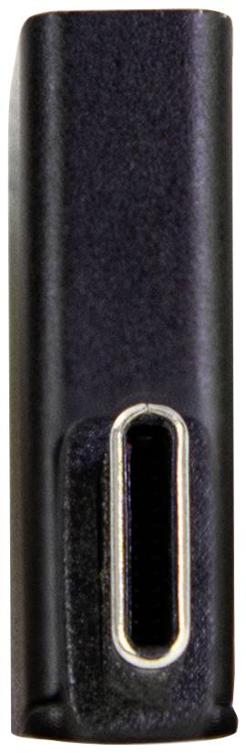 Ein schwarzer USB-C-Stecker, der senkrecht steht.