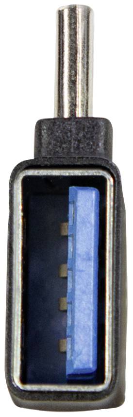 Ein blauer USB-Stecker mit rechteckigem Anschluss und fünf sichtbaren Metallkontakten, umgeben von schwarzem Kunststoff.