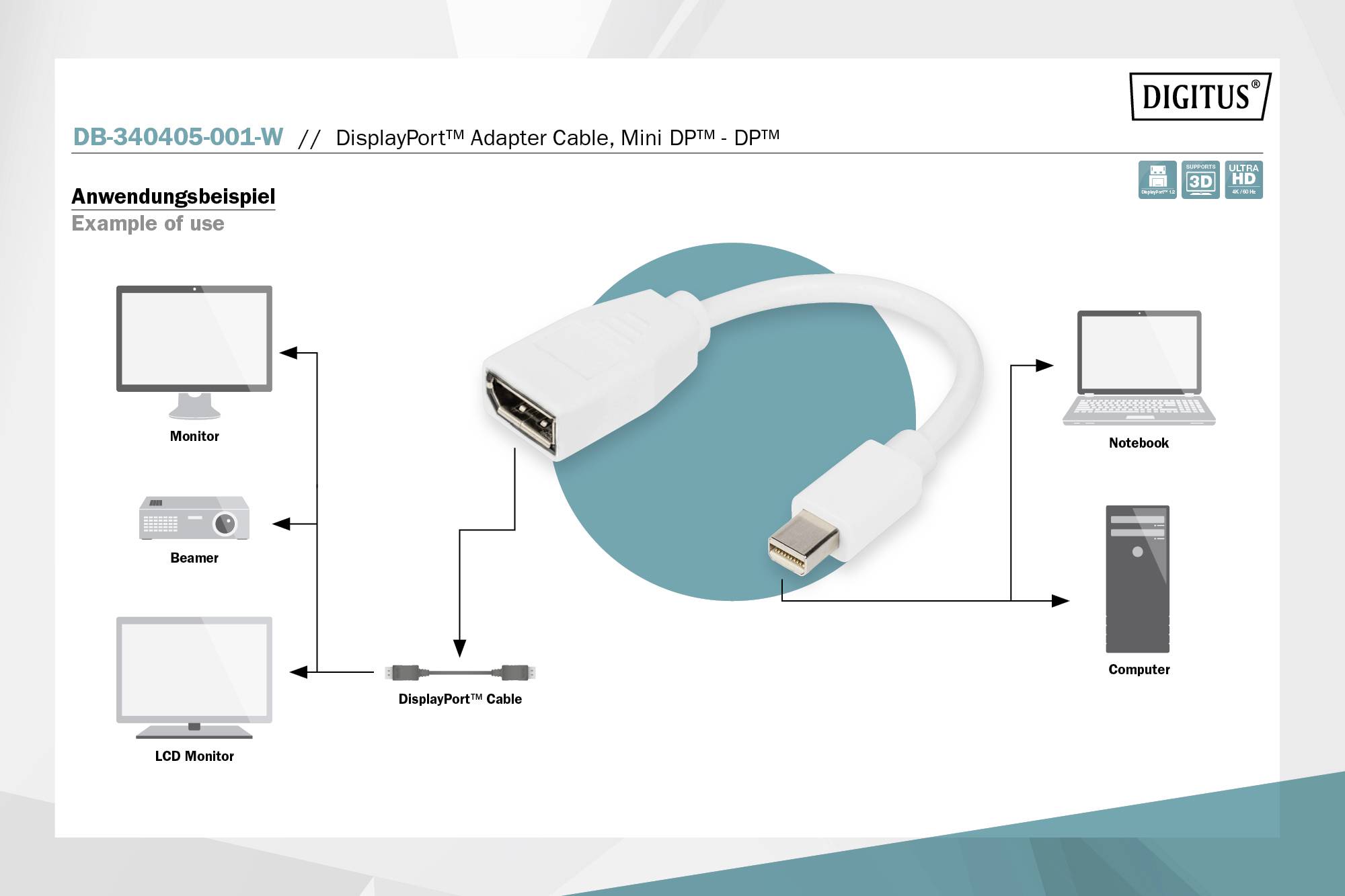 Digitus Adapter DisplayPort Stecker, Mini DisplayPort Stecker 0.15m Weiß DB-340405-001-W DisplayPort-Kabel
