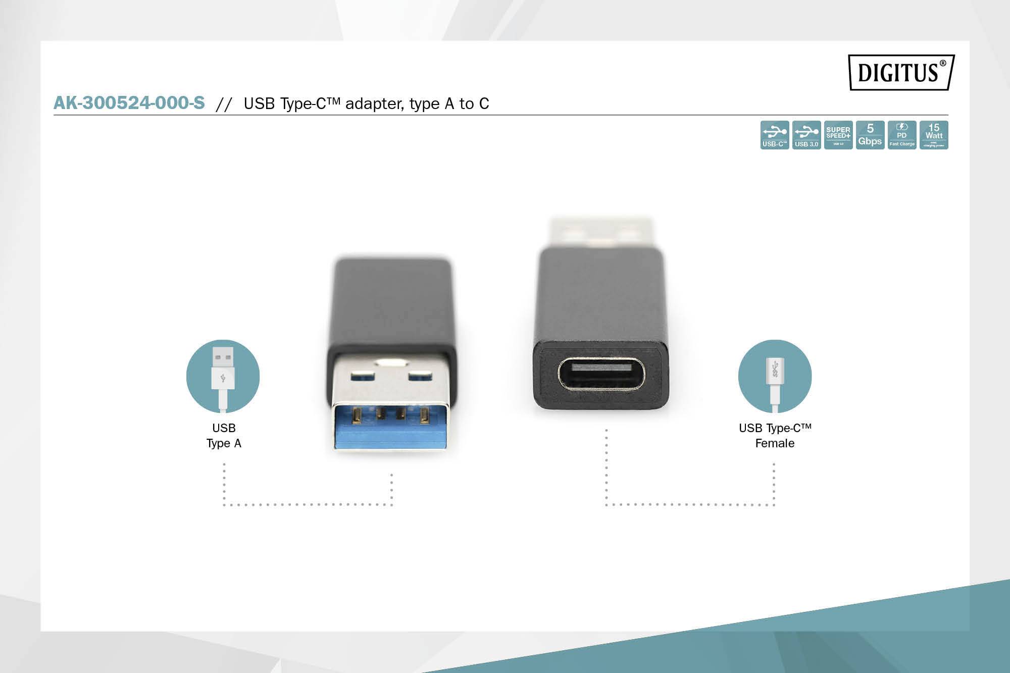 Digitus USB 3.2 Gen 1 (USB 3.0) Adapter [1x USB 3.2 Gen 1 Stecker A (USB 3.0) - 1x USB-C® Buchse]