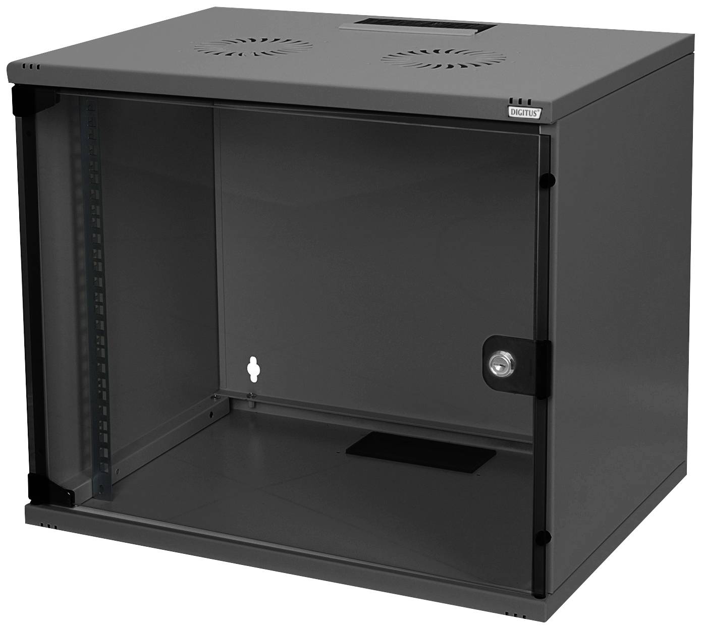 Grauer Wandnetzwerkschrank mit Glastür, geeignet für die Aufbewahrung von Netzwerkgeräten. Oberseite hat Lüftungsschlitze.