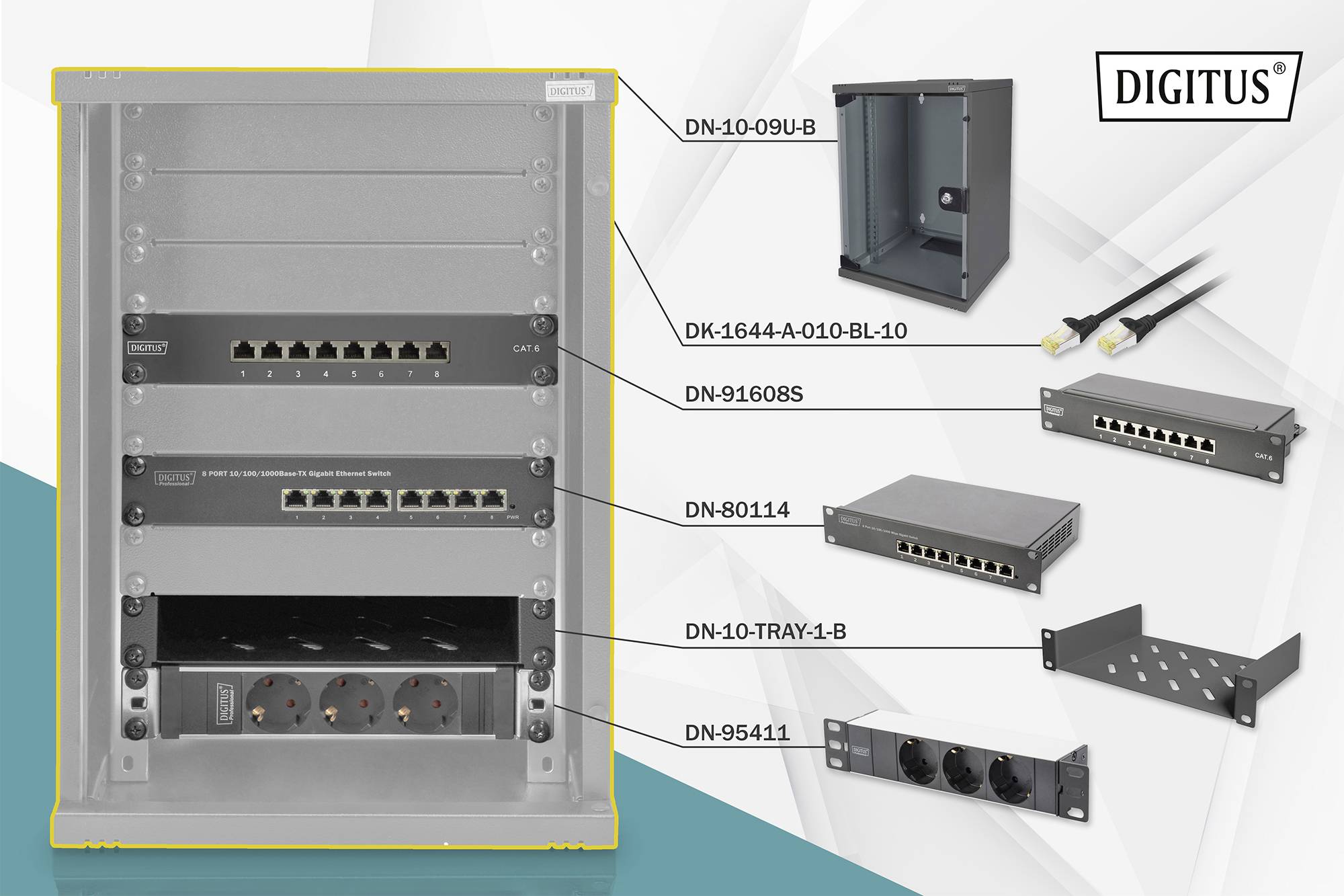 Produktangebot von Digitus: Netzwerkprodukte inklusive Switches, Patchkabel und Wandgehäuse mit Artikelnummern für IT-Infrastruktur.