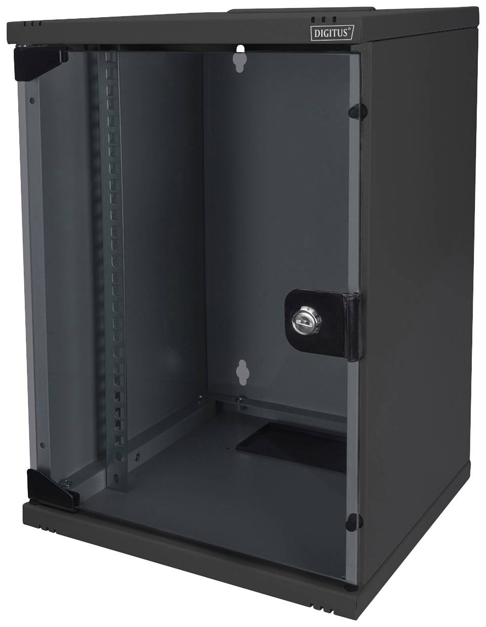 Schwarzer Wandschrank aus Metall mit Glastür, offen und leer, geeignet für elektronische Geräte oder Netzwerkkomponenten.