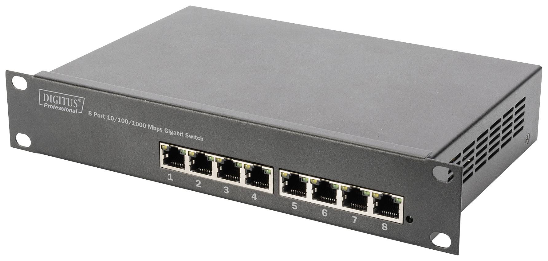 Ein schwarzer 8-Port Ethernet-Switch mit der Aufschrift '8 Port 10/100/1000 Mbps Gigabit Switch'. Ports sind durchnummeriert von 1 bis 8.