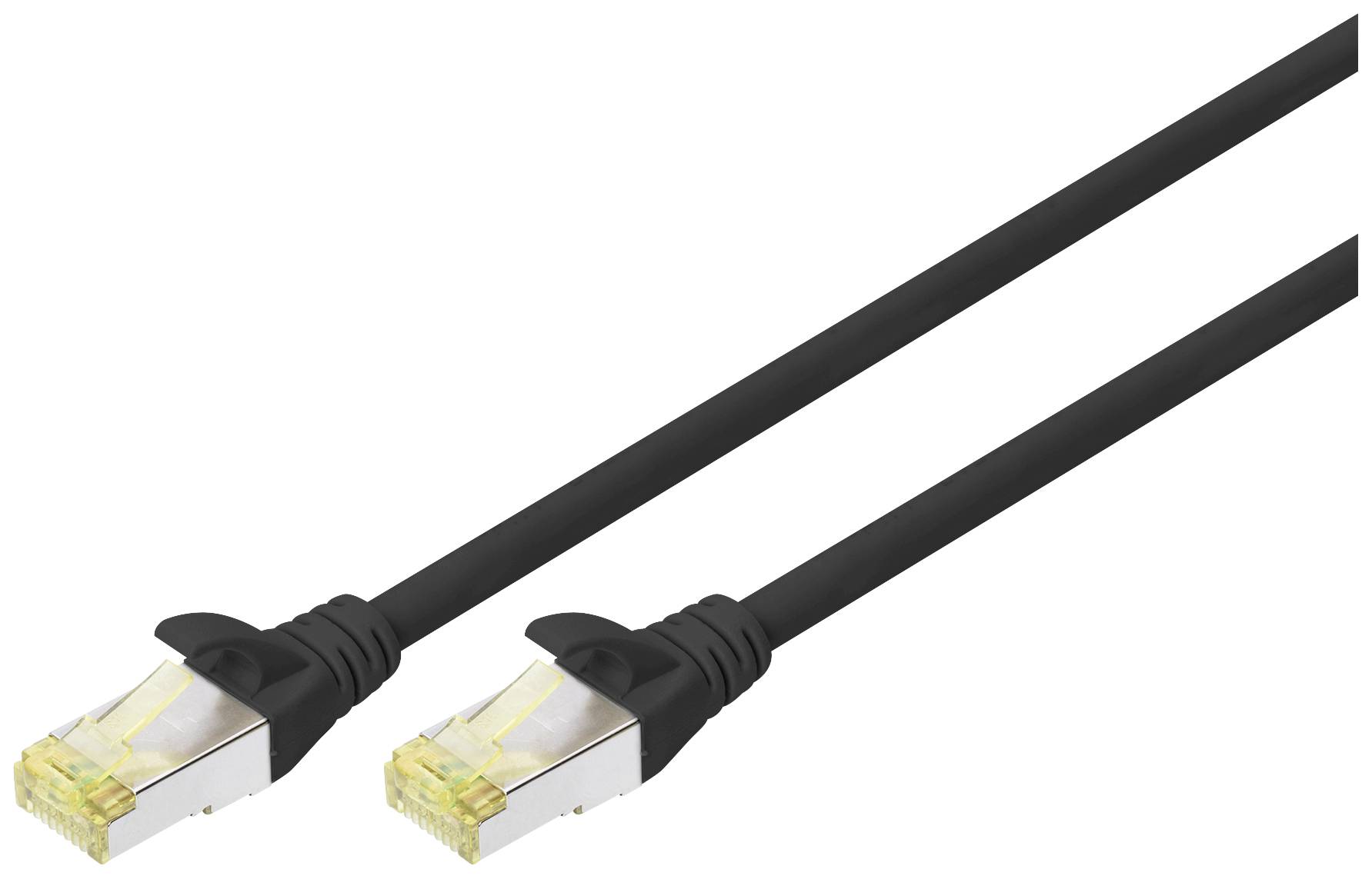 Schwarzes Ethernet-Kabel mit zwei RJ-45-Steckern, die zur Netzwerkverbindung genutzt werden.