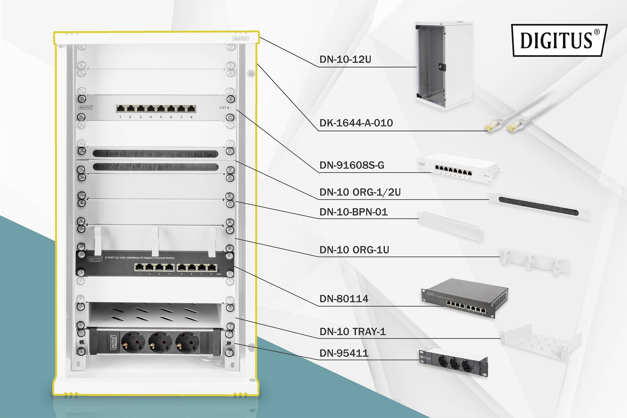 Digitus DN-10-SET-3 10 Zoll Netzwerkschrank 12 HE Grau, Grau (RAL 7035)