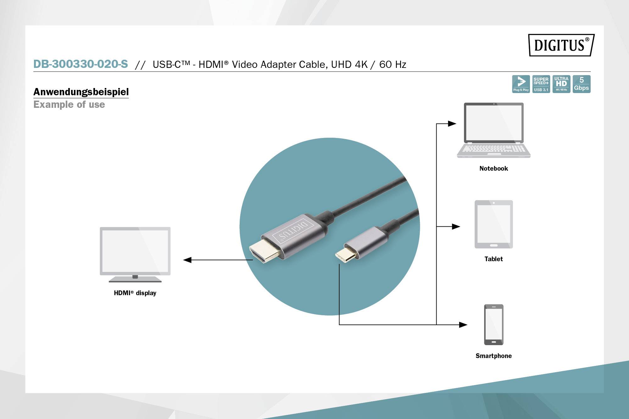 Digitus USB-Kabel USB-C® Stecker, HDMI-A Stecker 2.00 m Schwarz DB-300330-020-S
