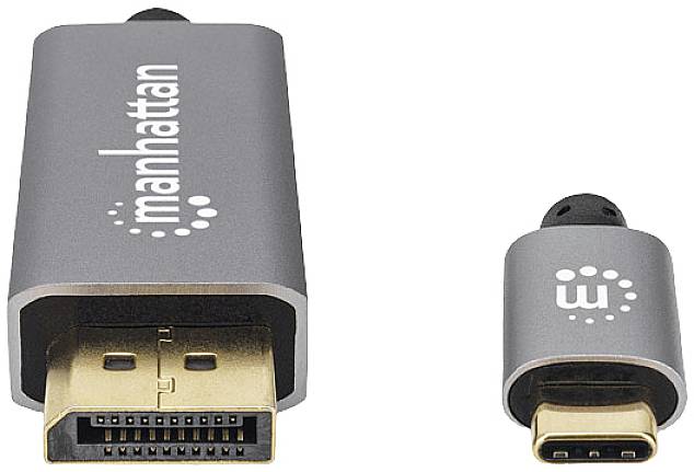 Ein HDMI-Adapter mit 'manhattan'-Logo, bestehend aus einem HDMI-Stecker und einem USB-C-Stecker, dient zum Anschluss von Geräten.