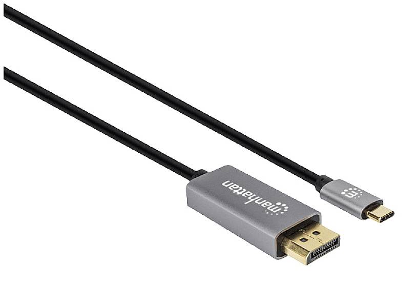 Ein HDMI-auf-USB-C-Kabel mit grauen Steckern. Ettikettiert mit 'manhattan' auf dem HDMI-Stecker.
