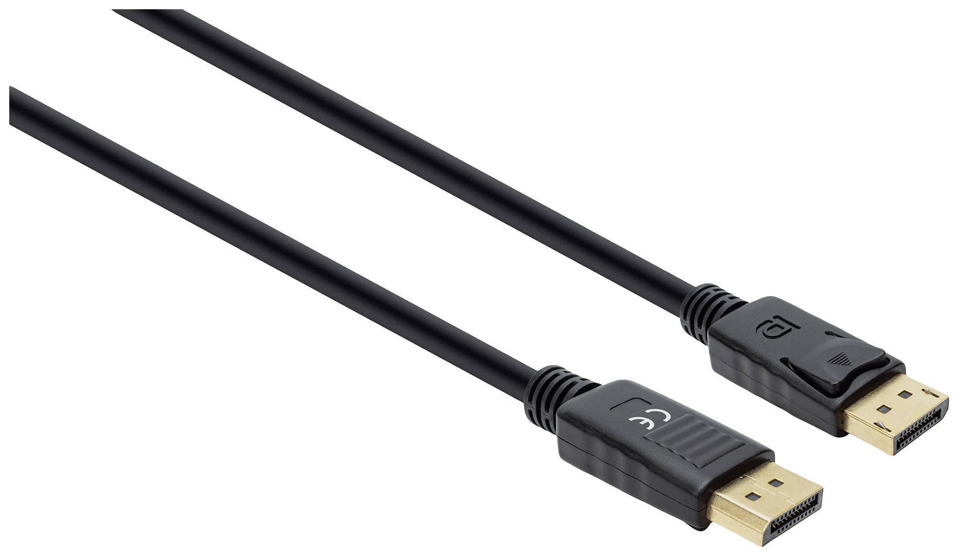 Zwei schwarze DisplayPort-Kabelstecker mit goldfarbenen Anschlüssen und CE-Zeichen auf einem weißen Hintergrund.
