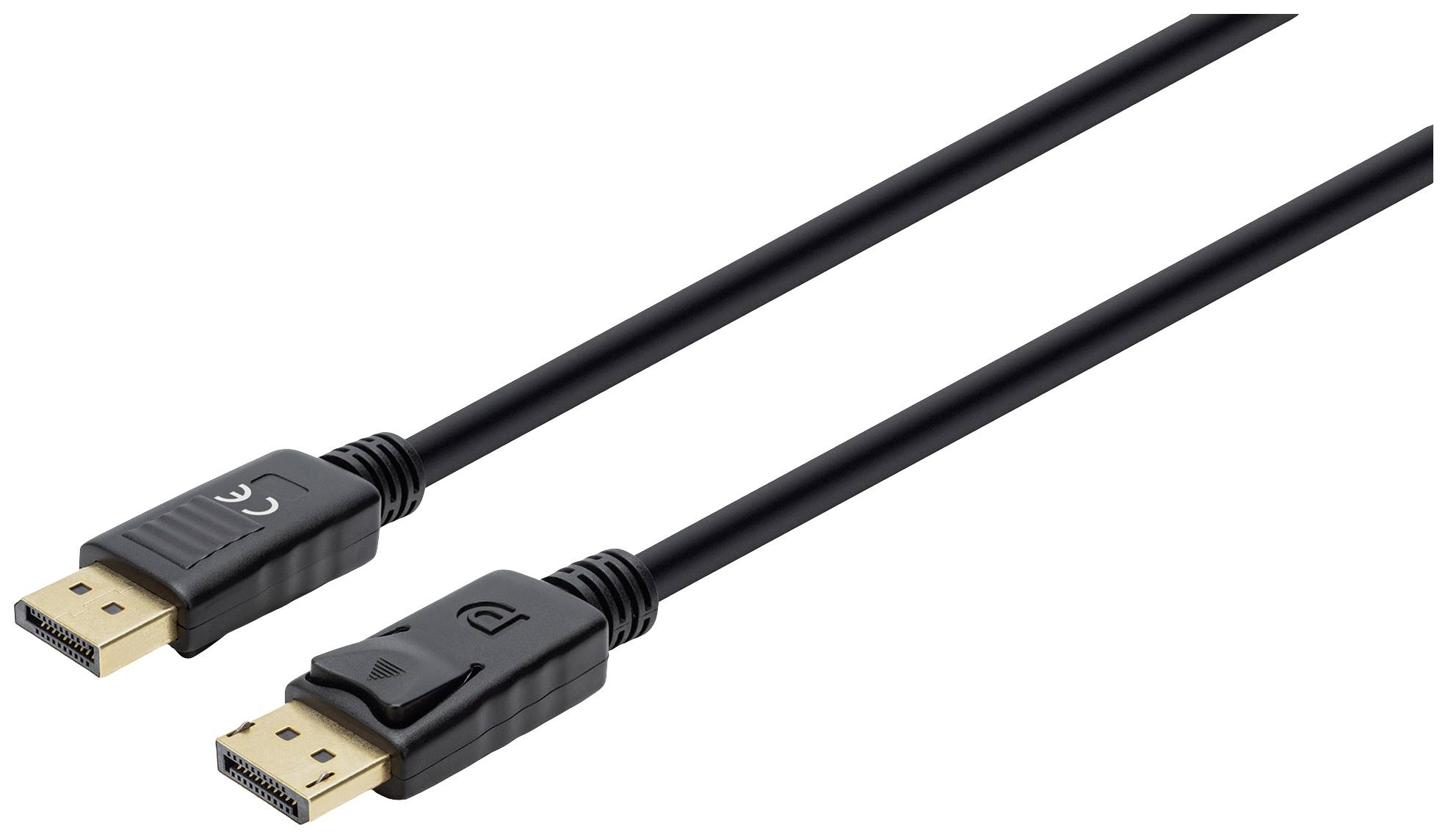 Zwei schwarze DisplayPort-Kabel mit Steckern an den Enden, die zum Verbinden von Computermonitoren oder anderen Geräten verwendet werden.