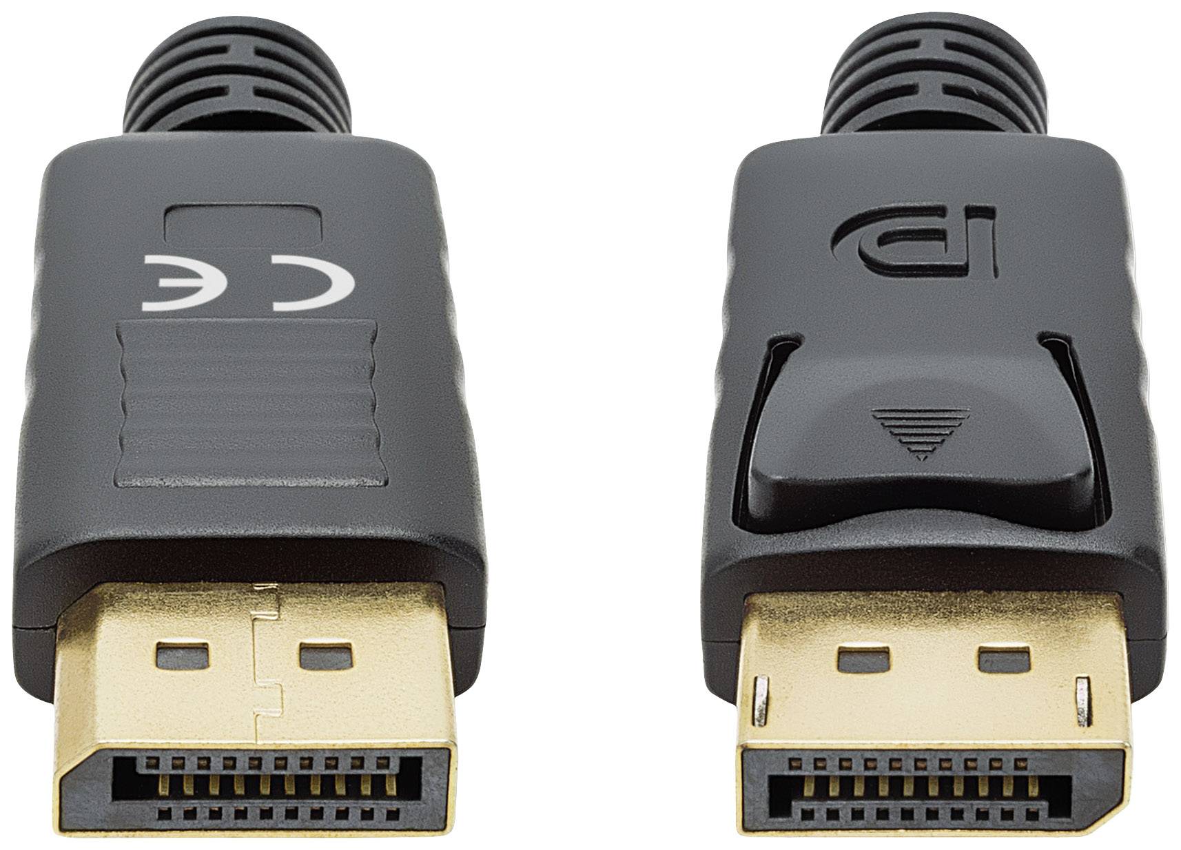 Zwei DisplayPort-Stecker nebeneinander. Linker Stecker mit CE-Zeichen, rechter Stecker mit DP-Logo. Beide haben goldene Kontakte.