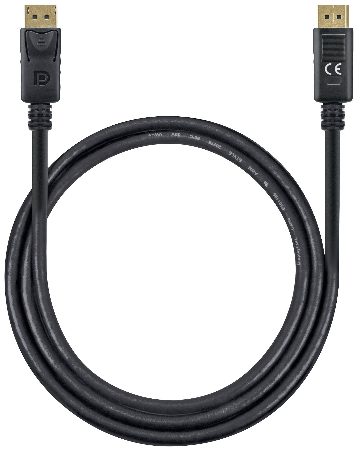 Schwarzes DisplayPort-Kabel mit zwei Steckern, ein DisplayPort- und ein CE-gekennzeichneter Stecker, in einem Kreis gelegt.