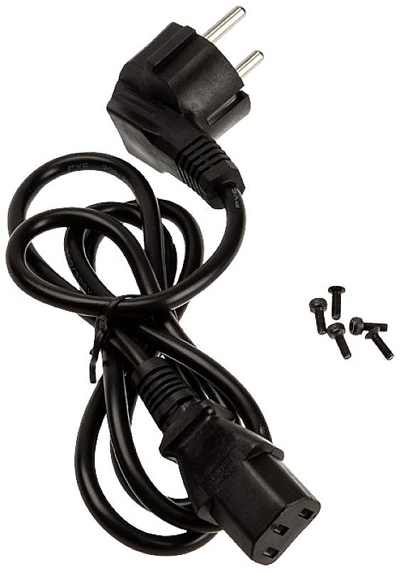 Schwarzes Netzkabel mit Schuko-Stecker und Kaltgerätebuchse, daneben fünf schwarze Schrauben.