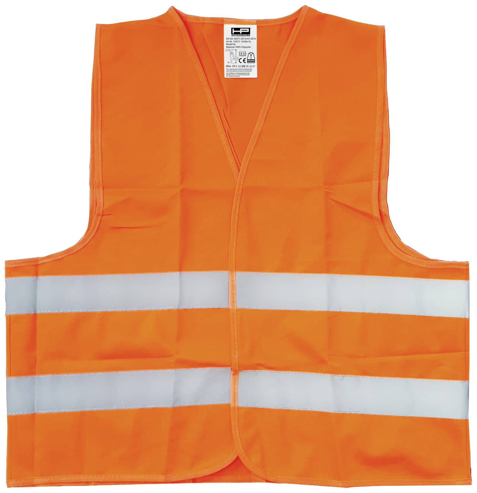 Eine leuchtend orangefarbene Warnweste mit reflektierenden Streifen, häufig zur Sicherheit bei schlechter Sicht getragen.