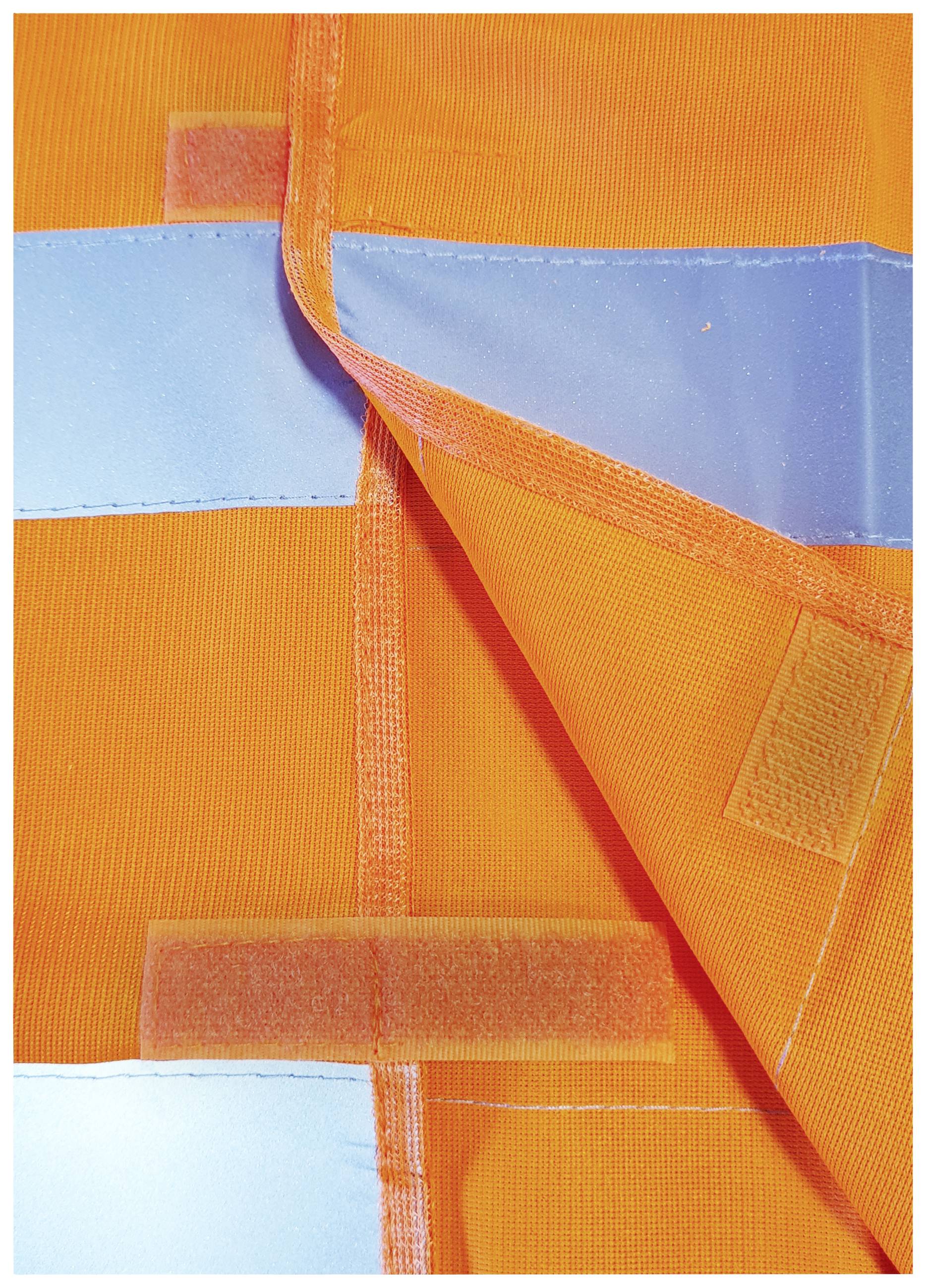 Oranger Stoff mit reflektierenden blauen Streifen und Klettverschlüssen, beispielhaft für Sicherheitskleidung.