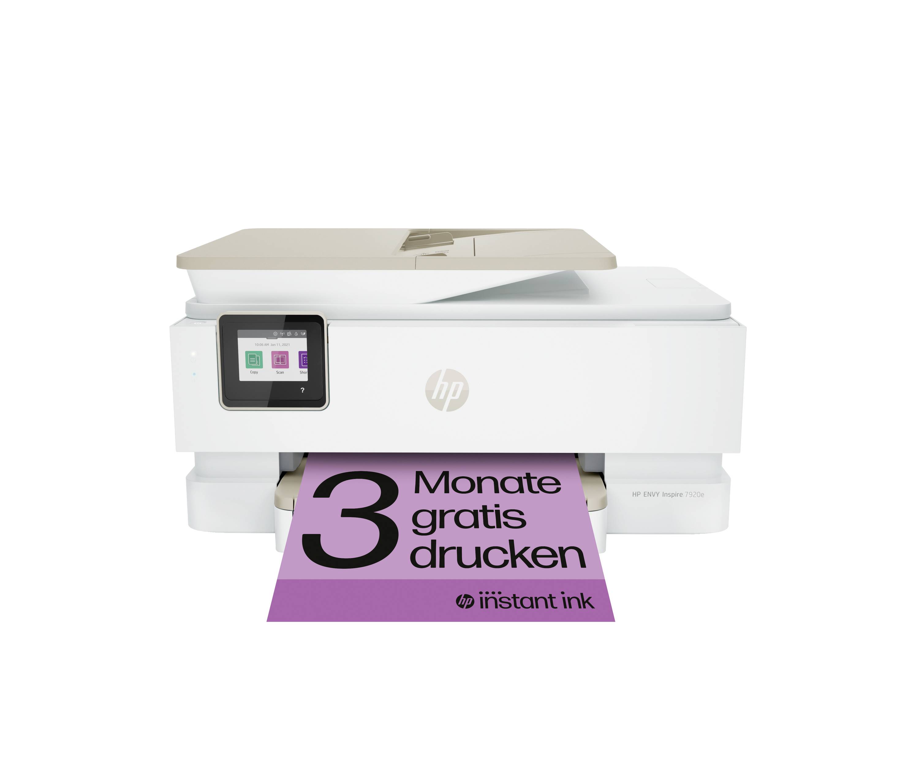 Ein Drucker druckt ein Blatt Papier mit der Aufschrift '3 Monate gratis drucken'.