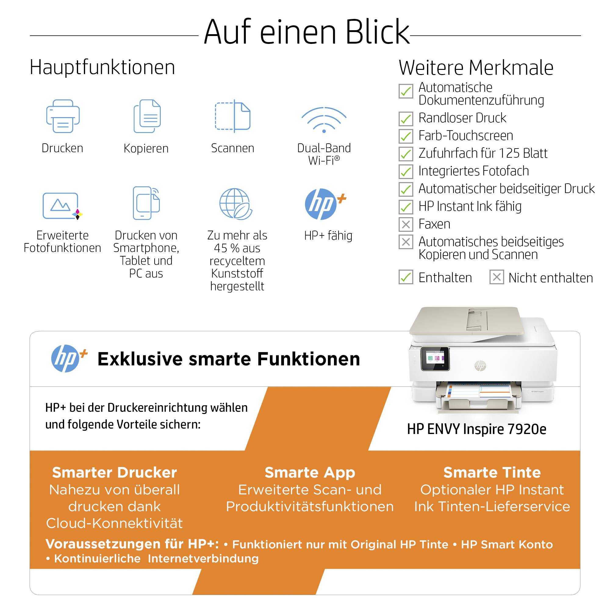Hauptfunktionen: Drucken, Kopieren, Scannen; Drahtlose Verbindung. Weitere Merkmale: Automatisches beidseitiges Drucken, Farb-Touchscreen. Gezeigter Drucker: HP ENVY Inspire 7920e.