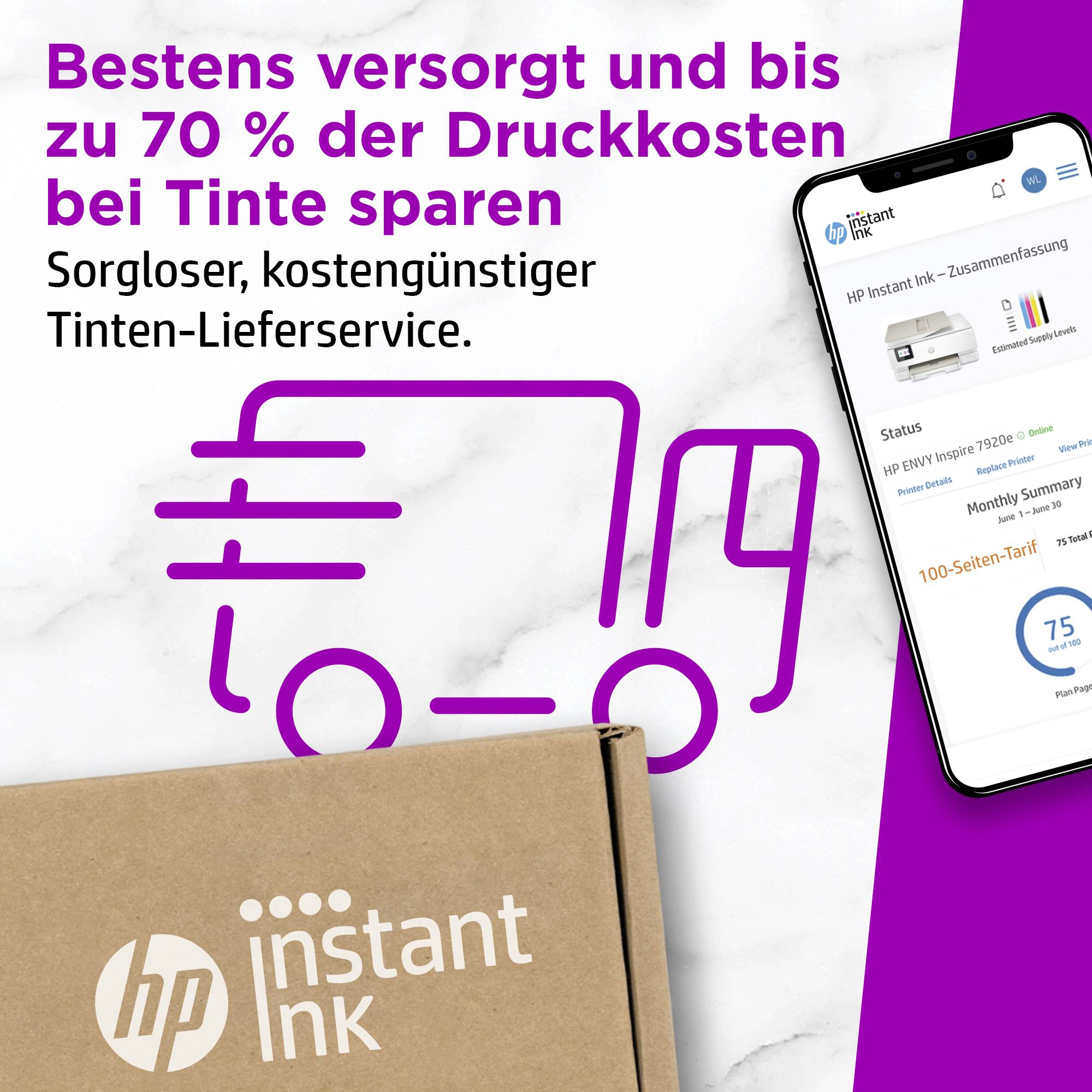 Bild mit LKW-Symbol und Karton zeigt Werbung für HP Instant Ink, ein Tinten-Lieferservice, der angeblich bis zu 70 % Druckkosten spart.
