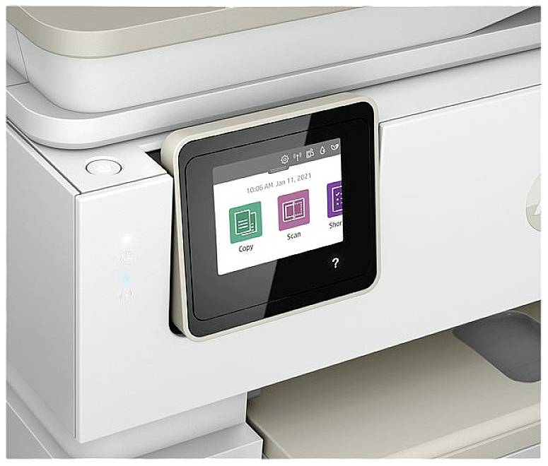 Ein Drucker mit einem Bildschirm zeigt die Optionen: 'Kopieren', 'Scannen', und 'Teilen' an.