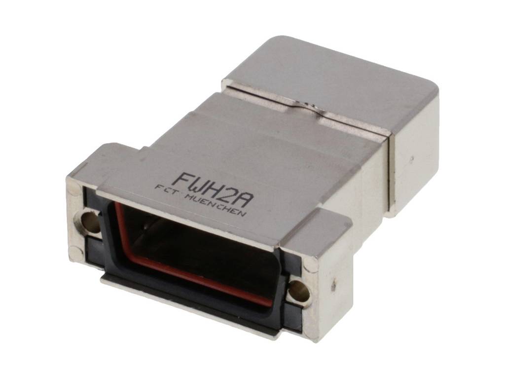 Metall-Steckverbinder mit rechteckiger Form, Aufschrift 'FCT Muenchen', geeignet für elektronische Verbindungen.