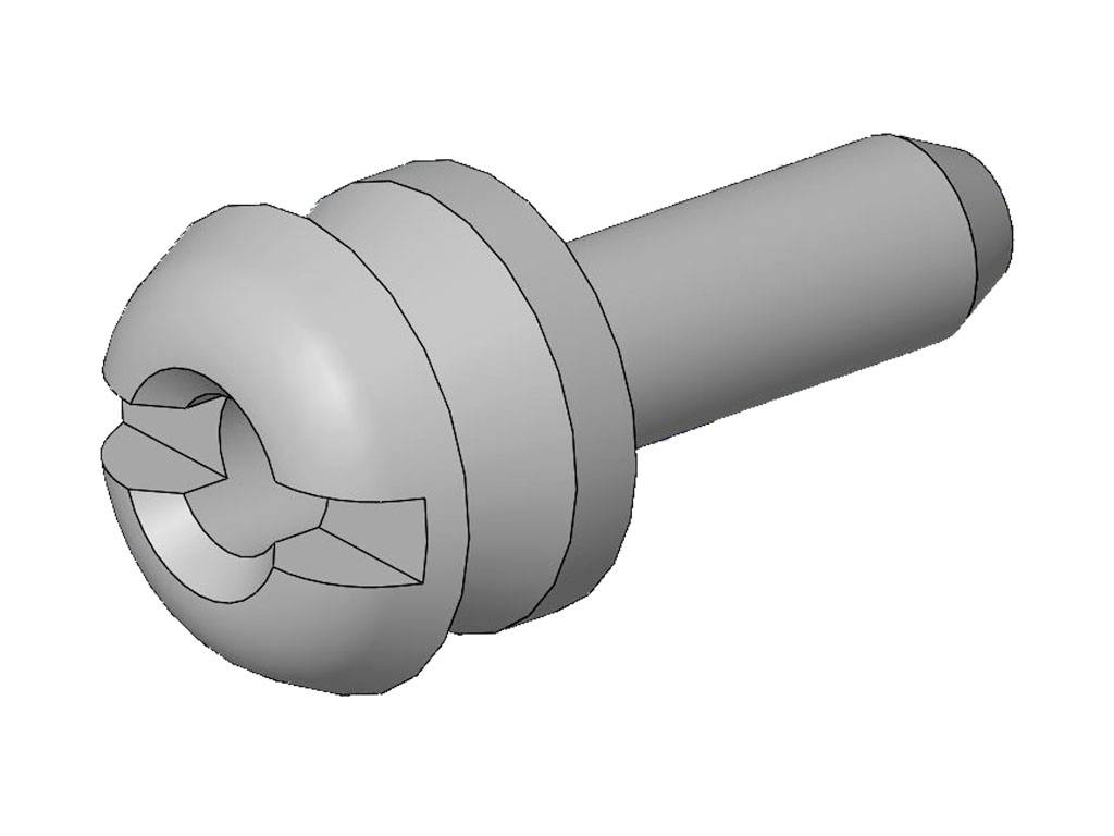 3D-Darstellung einer Schraube mit Schlitzkopf, zylindrischem Gewinde, geeignet für Holz- oder Metalleinsätze, grau gefärbt.