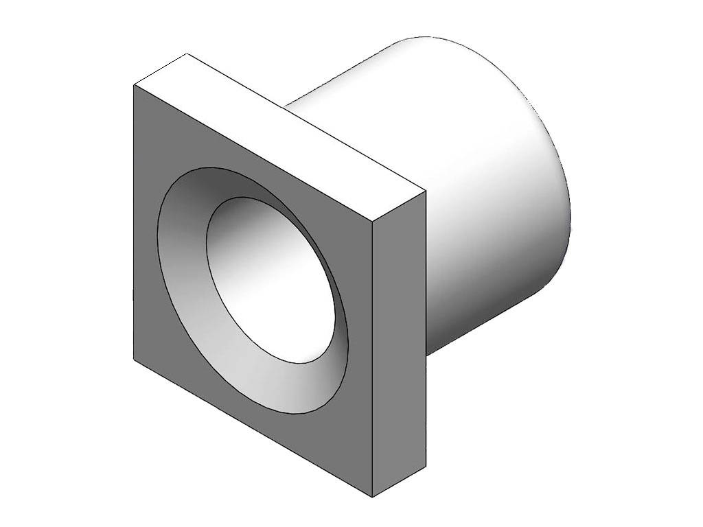Ein 3D-Modell einer runden, zylindrischen Komponente mit quadratischer Basis und kreisförmiger Öffnung in der Mitte der Basis.