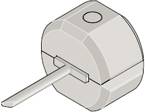 Ein graues, sechseckiges Gehäuse mit hervorstehendem Stift, wahrscheinlich ein technisches Bauteil oder Stecker.