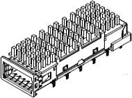 Ein technischer Steckverbinder mit mehreren Pins, zeigt seine Form und Struktur, vermutlich für elektronische Verbindungen verwendet.