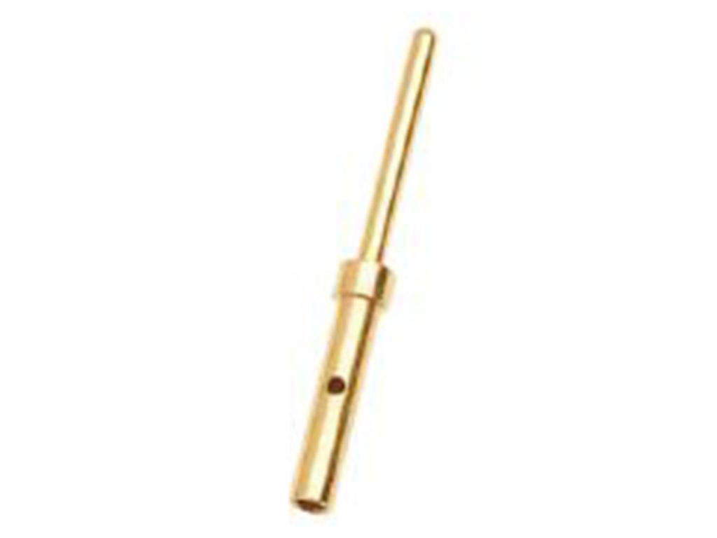 Goldener Metallstift mit zylindrischem Körper und langer Spitze. Eine kleine Bohrung ist in der Mitte sichtbar, vermutlich für Befestigungszwecke.