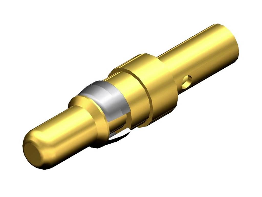 Metallischer Steckerstift in Gold mit silbernem Ring in der Mitte, zylindrische Form. Verwendet für elektrische Verbindungen.