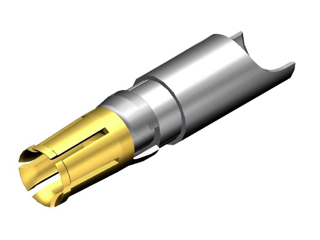 Ein Metallstecker in Silber und Gold, konisch geformt, mit einem abgerundeten Ende. Verwendet für elektrische Verbindungen.