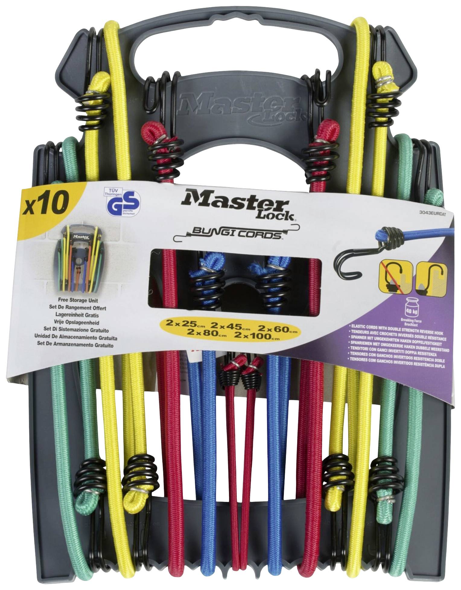Zehn elastische Spannseile in verschiedenen Farben auf einem Halter. Verpackung zeigt Hakenanwendung und beschreibt die Größen.