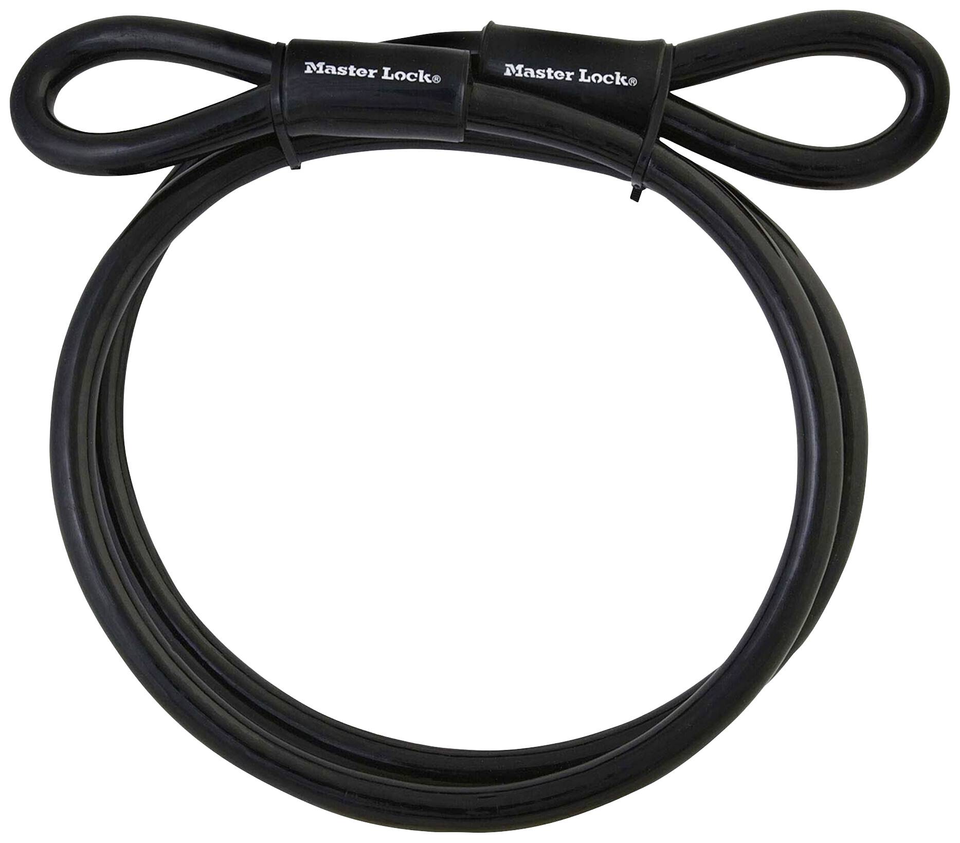 Ein schwarzes Sicherheitsschlosskabel mit zwei Schlaufen an den Enden. Markierung 'Master Lock' auf den Schlaufen.