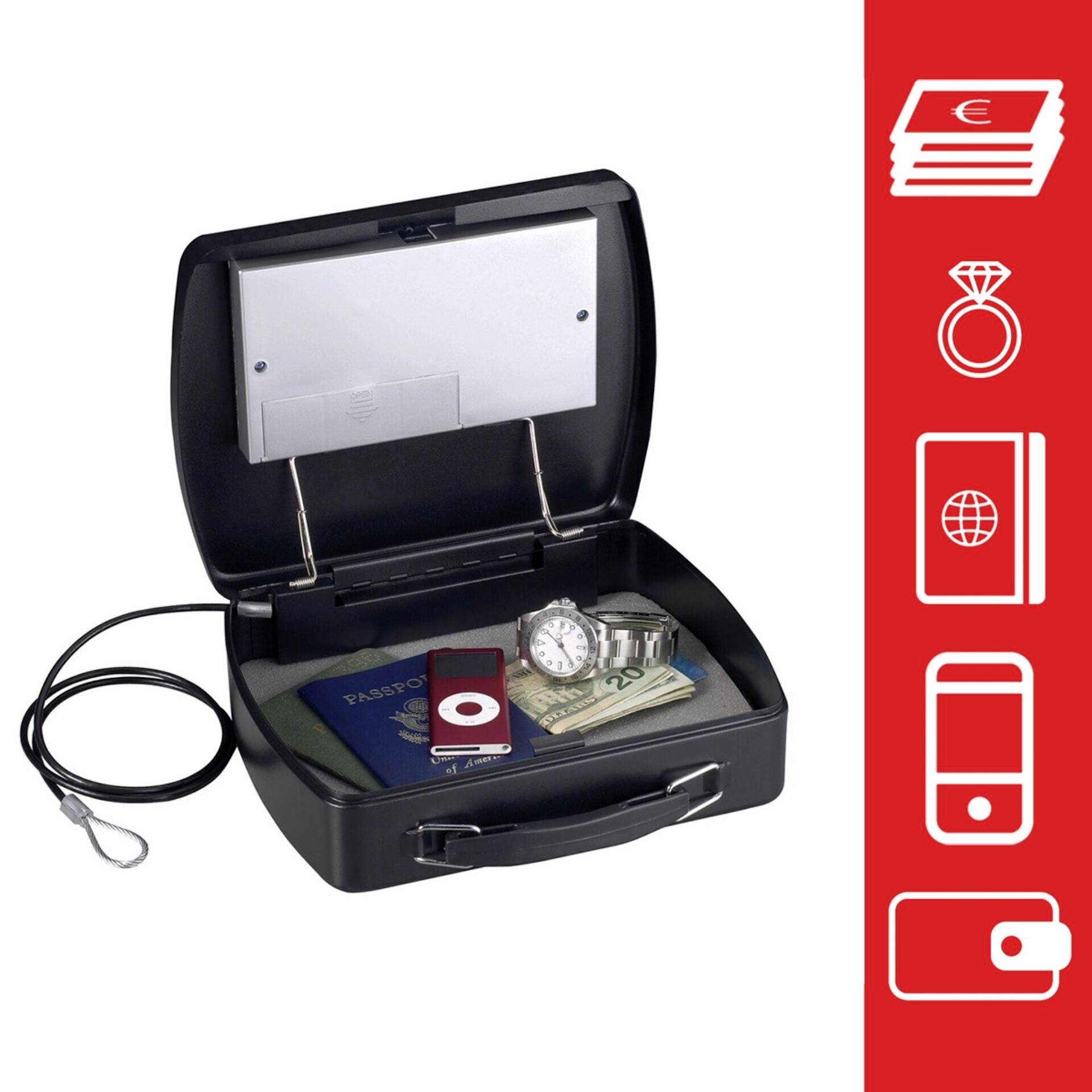 Ein schwarzer Safe enthält Geld, Uhr, iPod und Pass. Rechts Symbole für Geld, Schmuck, Pass, Handy zeigend, dass Safe Wertsachen schützt.