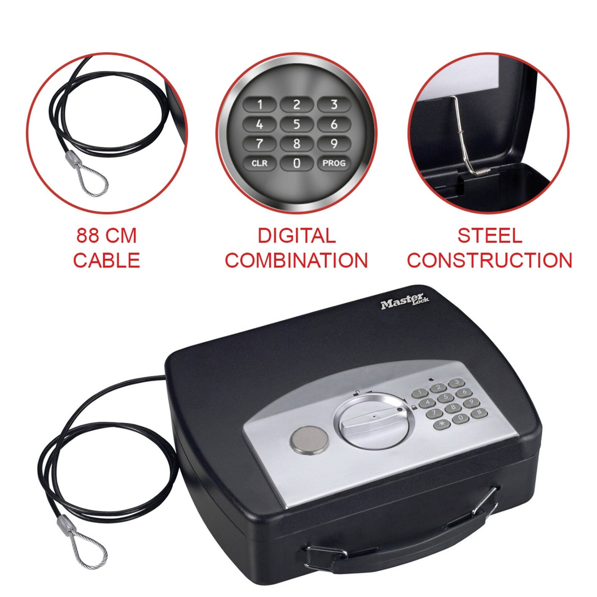 Ein tragbarer Safe mit digitalem Zahlenschloss, 88 cm langem Kabel und Stahlkonstruktion. Geeignet zur sicheren Aufbewahrung.