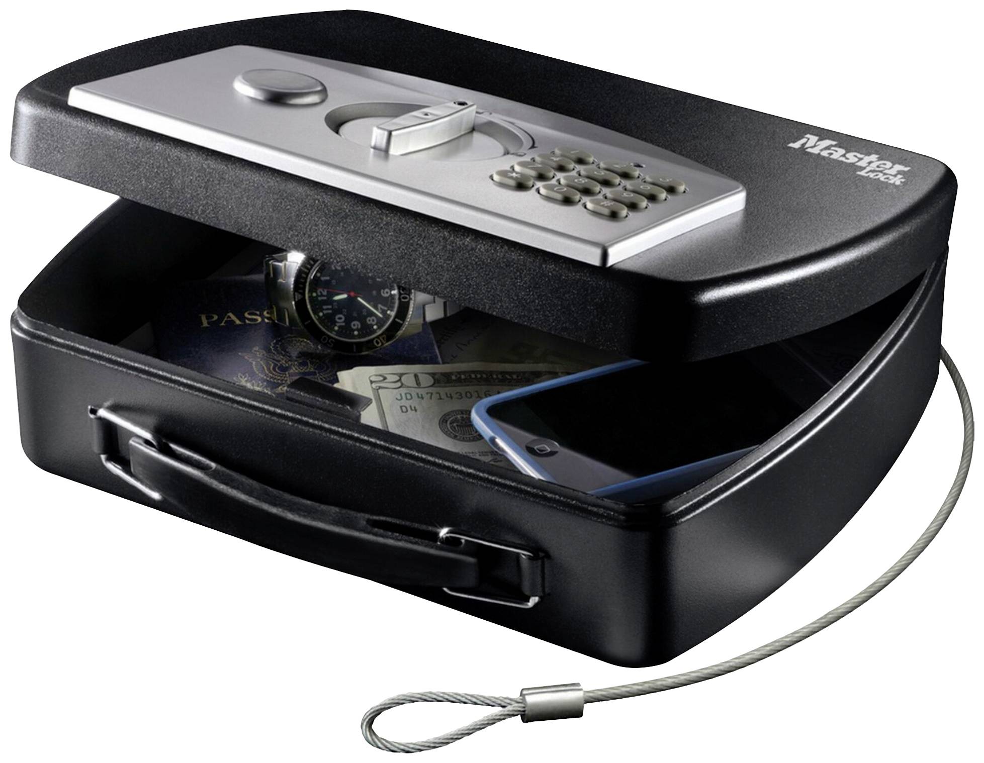 Ein geöffneter Safe mit einem Zahlenschloss. Im Inneren befinden sich ein Reisepass, eine Armbanduhr, Geldscheine und ein Smartphone.