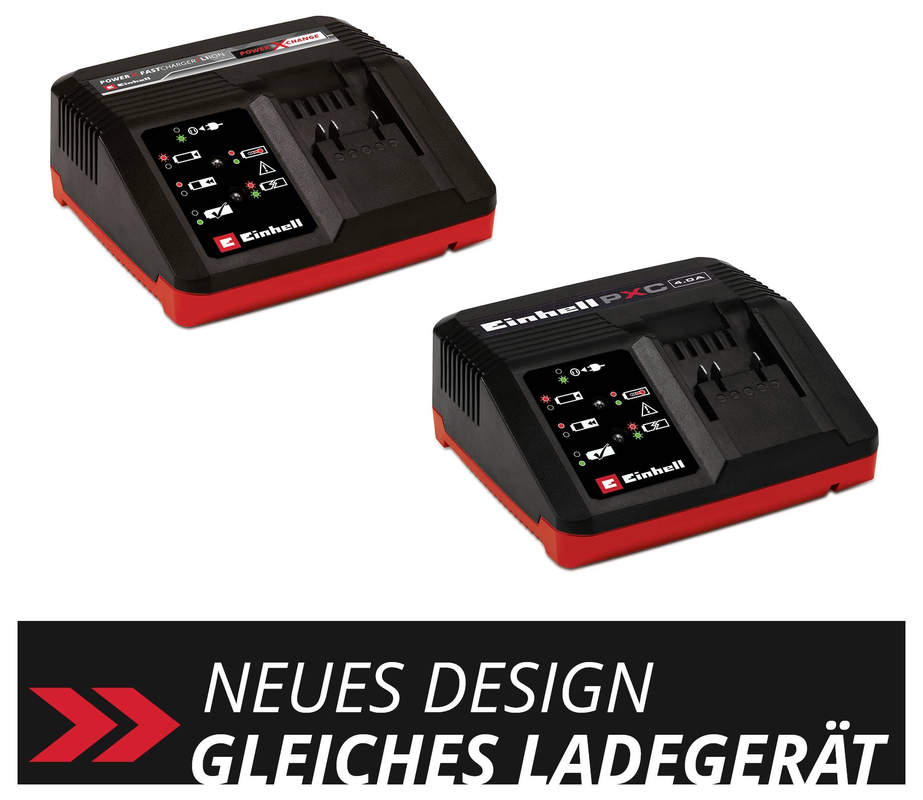 Zwei schwarze Ladegeräte mit rotem Rand und LED-Anzeigen. Darunter ein Schriftzug: 'Neues Design, gleiches Ladegerät'.